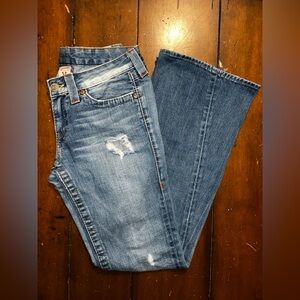True Religion Medium Blue Distressed Flare Jeans